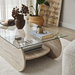 Table basse verre base luge effet travertin avec niche SALTA