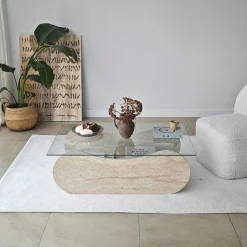 Table basse verre base luge effet travertin avec niche SALTA