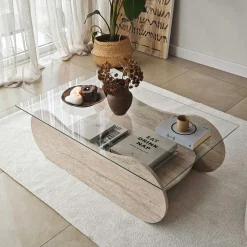 Table basse verre base luge effet travertin avec niche SALTA