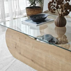 Table basse verre, base luge effet bois avec rangement SALTA