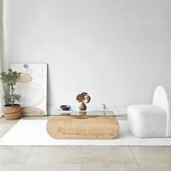 Table basse verre, base luge effet bois avec rangement SALTA