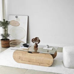 Table basse verre, base luge effet bois avec rangement SALTA