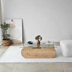 Table basse verre, base luge effet bois avec rangement SALTA