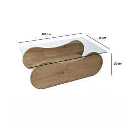 Table basse verre, base luge effet bois avec rangement SALTA