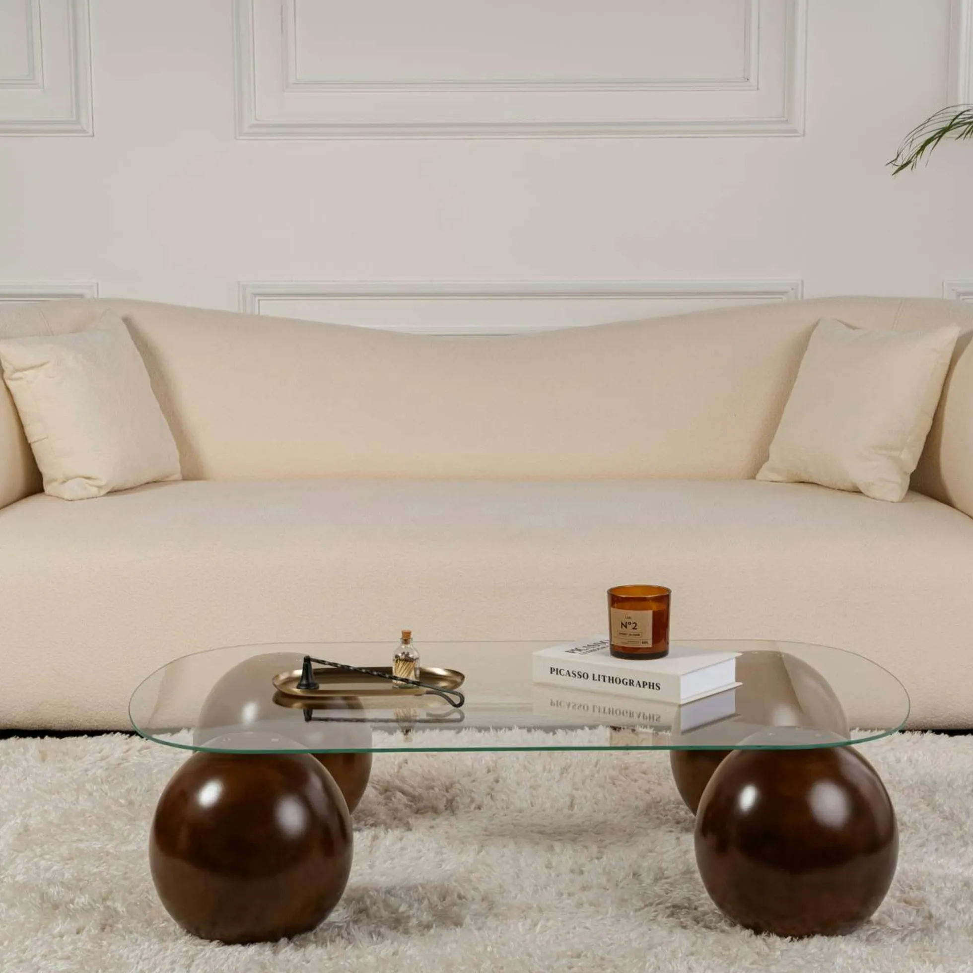 Table basse verre bords arrondis 4 pieds boule KOCHI