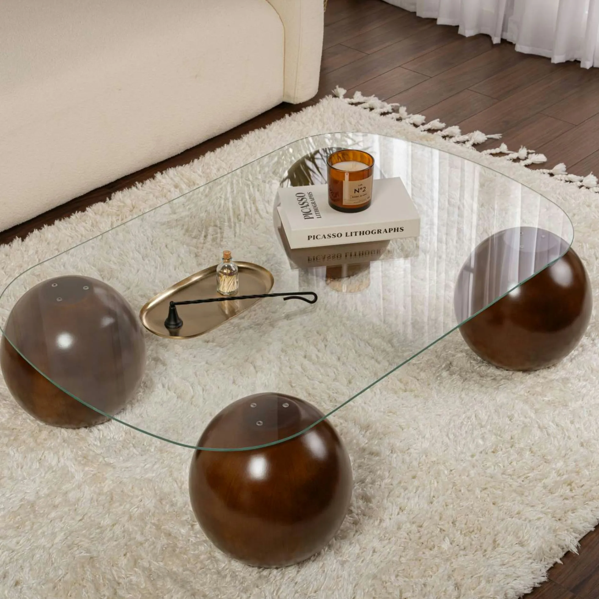 Table basse verre bords arrondis 4 pieds boule KOCHI