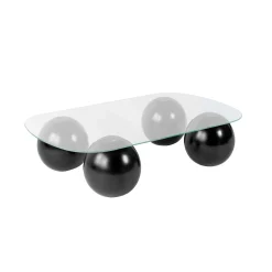 Table basse verre bords arrondis - 4 pieds boules noirs KOCHI