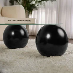 Table basse verre bords arrondis - 4 pieds boules noirs KOCHI