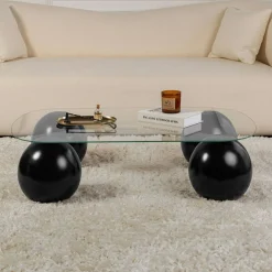 Table basse verre bords arrondis - 4 pieds boules noirs KOCHI