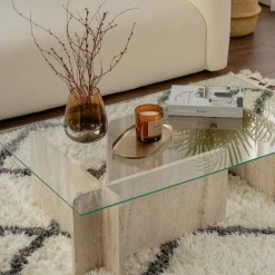 Table basse verre déstructurée – base effet travertin SALTA