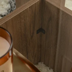 Table basse verre déstructurée – base effet bois noyer SALTA