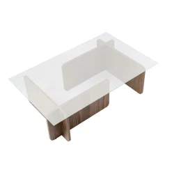 Table basse verre déstructurée – base effet bois noyer SALTA