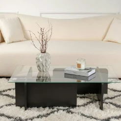 Table basse verre déstructurée – base effet bois noir SALTA