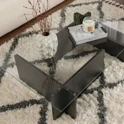 Table basse verre déstructurée – base effet bois noir SALTA