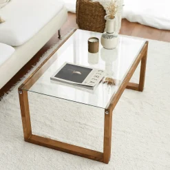 Table basse verre et bois brun - forme rectangle LHASA