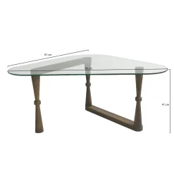 Table basse verre - forme triangle, pied bois sculpté BOMA