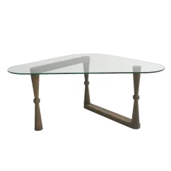 Table basse verre - forme triangle, pied bois sculpté BOMA