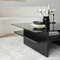 Table basse verre fumé carrée, base noire SALTA