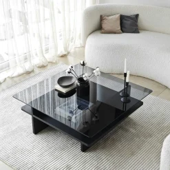 Table basse verre fumé carrée, base noire SALTA