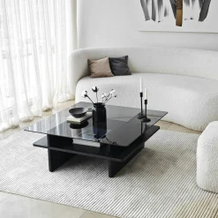 Table basse verre fumé carrée, base noire SALTA