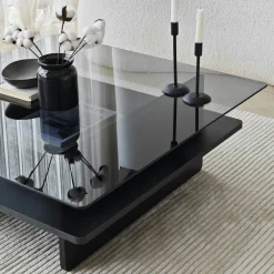 Table basse verre fumé carrée, base noire SALTA