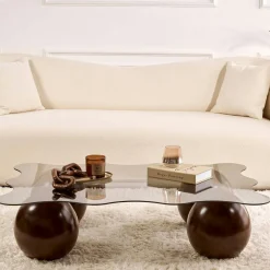 Table basse verre fumé design organique 4 pieds boule KOCHI