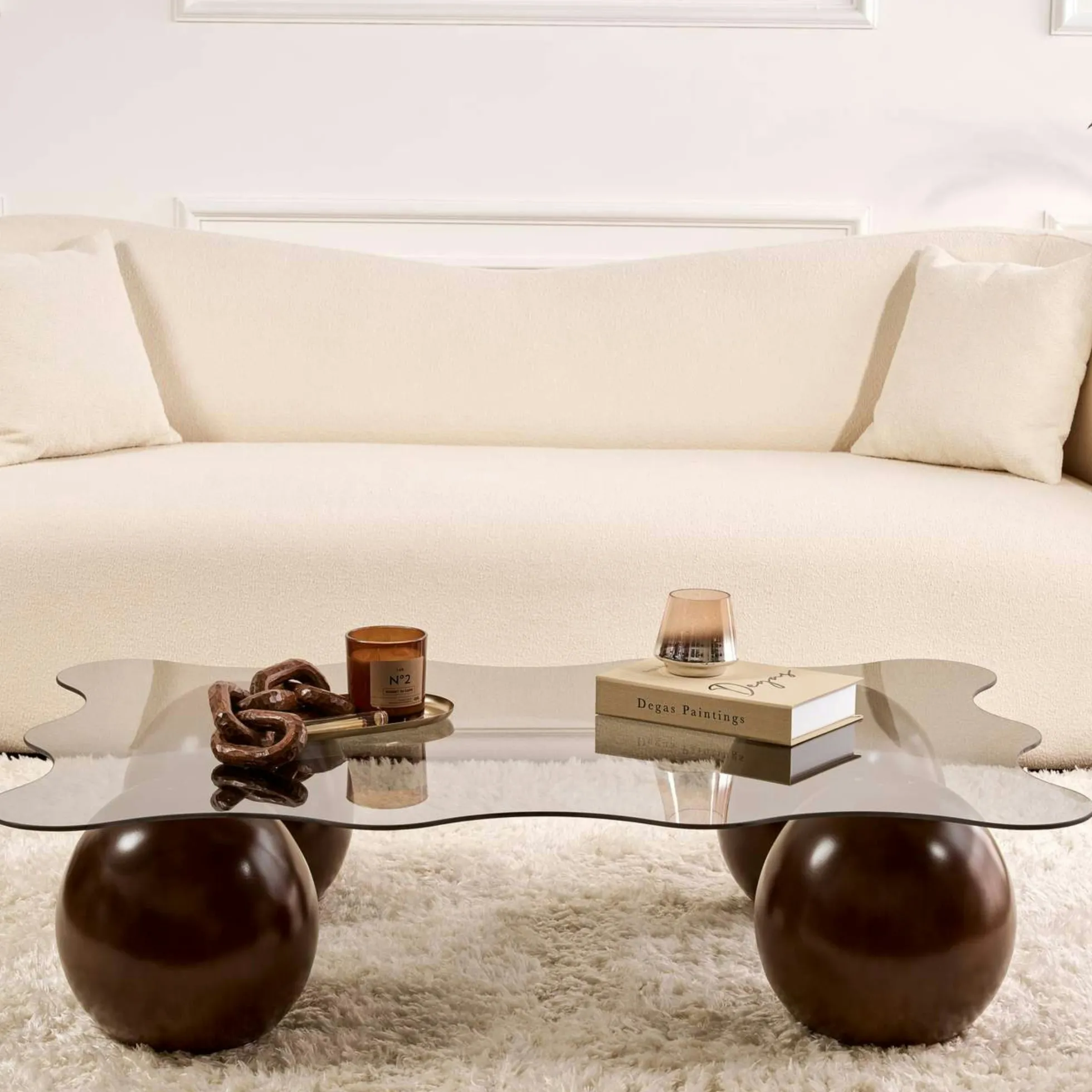 Table basse verre fumé design organique 4 pieds boule KOCHI