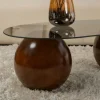 Table basse verre fumé design – 3 pieds boules marrons KOCHI