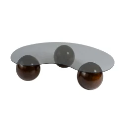 Table basse verre fumé design – 3 pieds boules marrons KOCHI