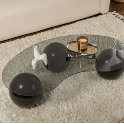 Table basse verre fumé design - 3 pieds boules noirs KOCHI