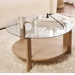 Table basse verre fumé double plateau - effet chêne SALTA