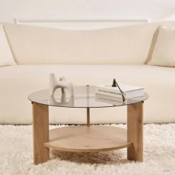 Table basse verre fumé double plateau - effet chêne SALTA