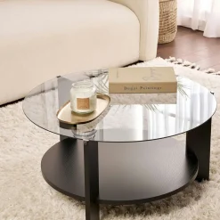 Table basse verre fumé double plateau - effet bois noir SALTA