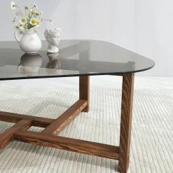 Table basse verre fumé et bois - forme carrée douce ANZIO