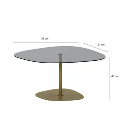 Table basse verre fumé minimaliste, galet et pied doré TULUM