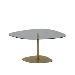 Table basse verre fumé minimaliste, galet et pied doré TULUM
