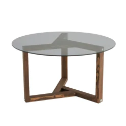 Table basse verre fumé - pied 3 branches, bois foncé ANZIO