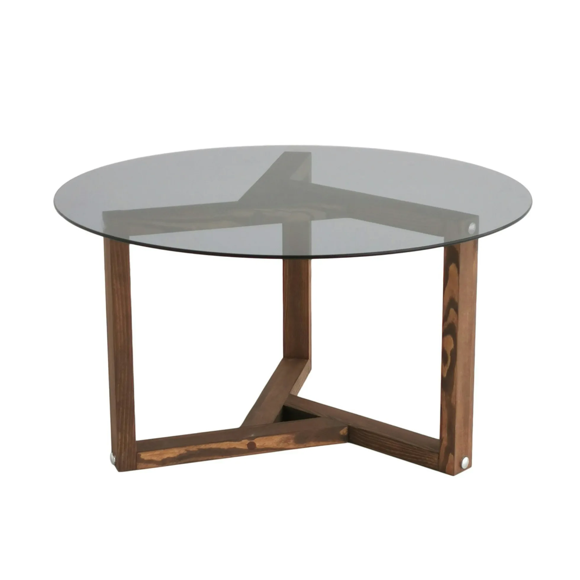Table basse verre fumé - pied 3 branches, bois foncé ANZIO