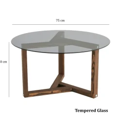 Table basse verre fumé - pied 3 branches, bois foncé ANZIO