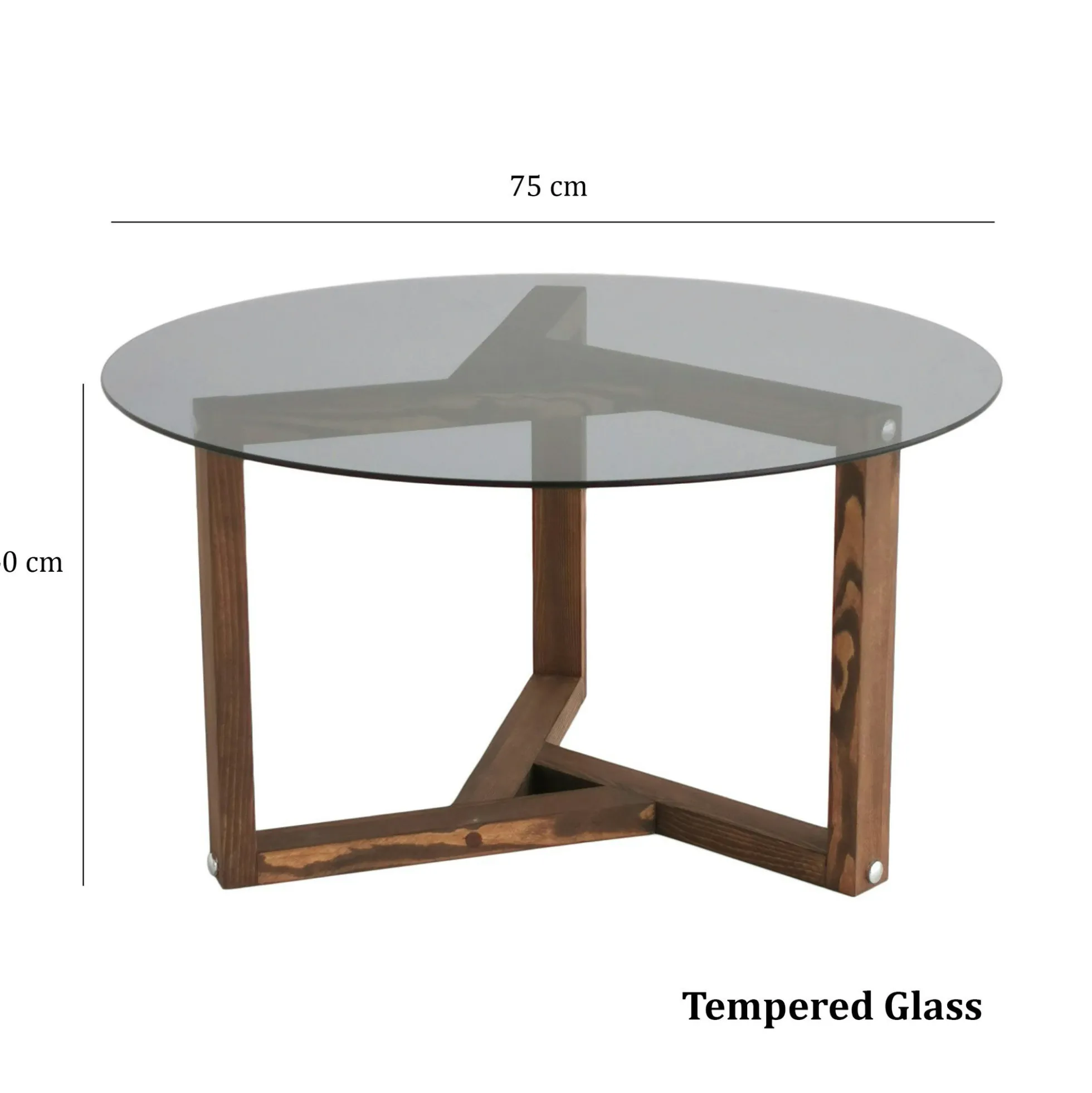 Table basse verre fumé - pied 3 branches, bois foncé ANZIO
