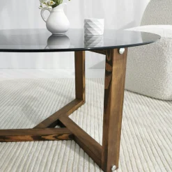 Table basse verre fumé - pied 3 branches, bois foncé ANZIO