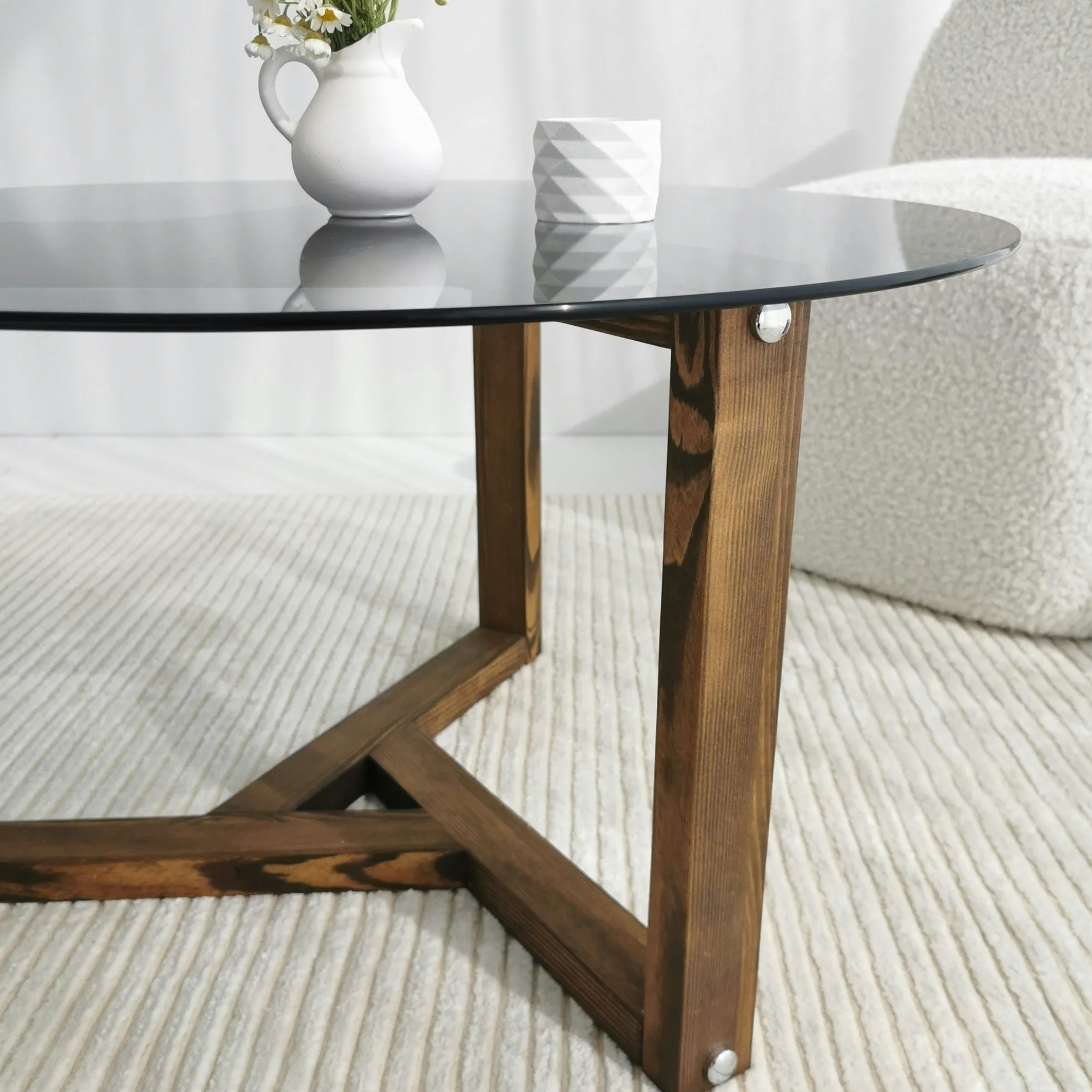 Table basse verre fumé - pied 3 branches, bois foncé ANZIO