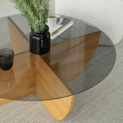Table basse verre fumé – pied croix bois clair, 90 cm ANZIO