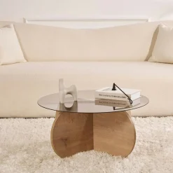Table basse verre fumé - pied en croix effet chêne clair SALTA
