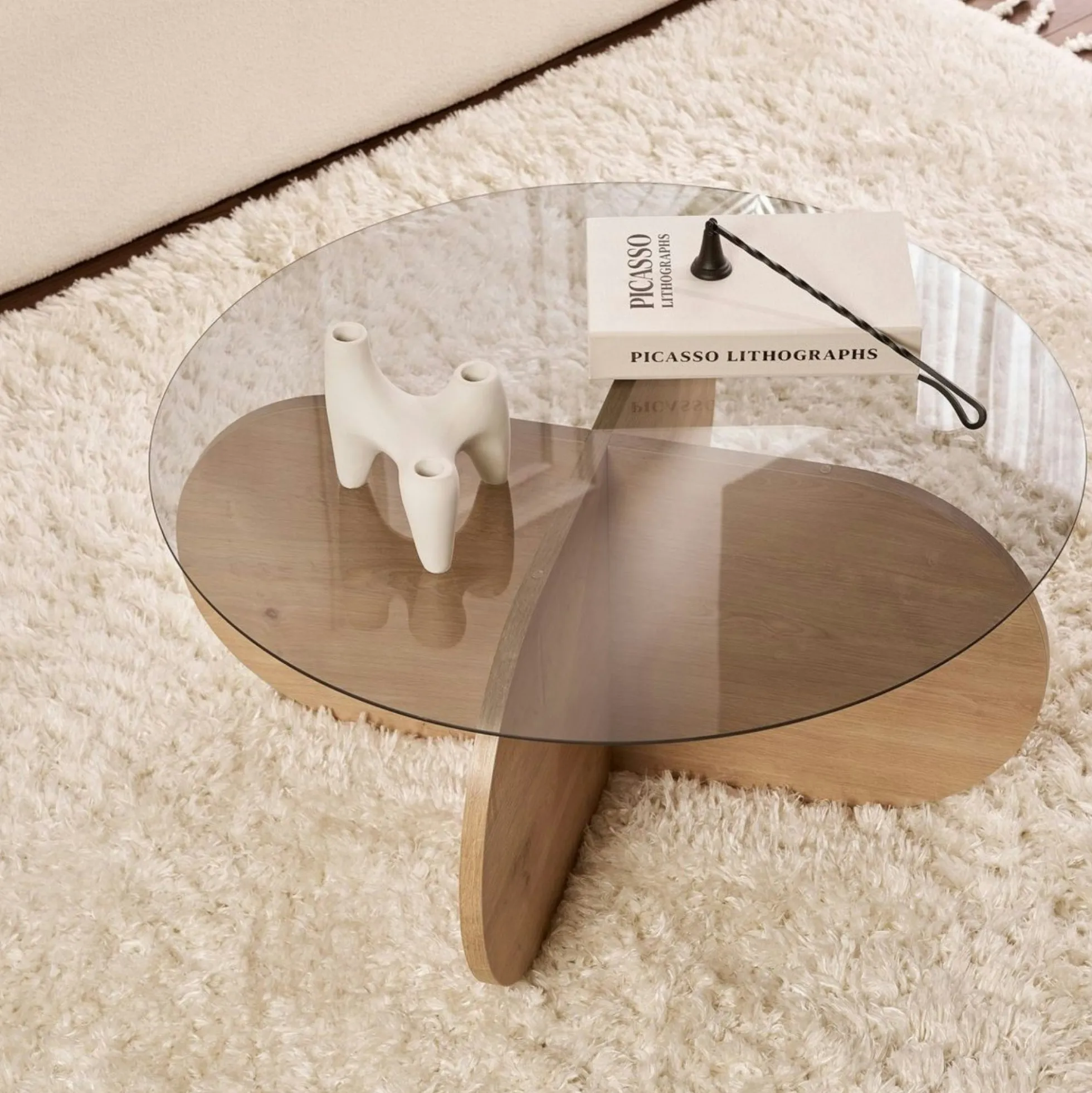 Table basse verre fumé - pied en croix effet chêne clair SALTA
