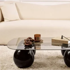 Table basse verre gris bords arrondis - 4 pieds noirs KOCHI