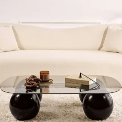 Table basse verre gris bords arrondis - 4 pieds noirs KOCHI