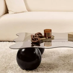 Table basse verre gris profil ondulé - 4 pieds noirs KOCHI