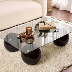 Table basse verre gris rectangulaire - 4 pieds noirs KOCHI