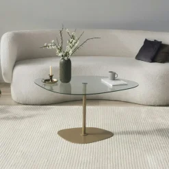 Table basse verre minimaliste forme galet et pied doré TULUM